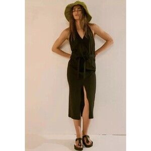 Free People Randi Midi Halter Dress Open Back 100% Cotton Black Size Small